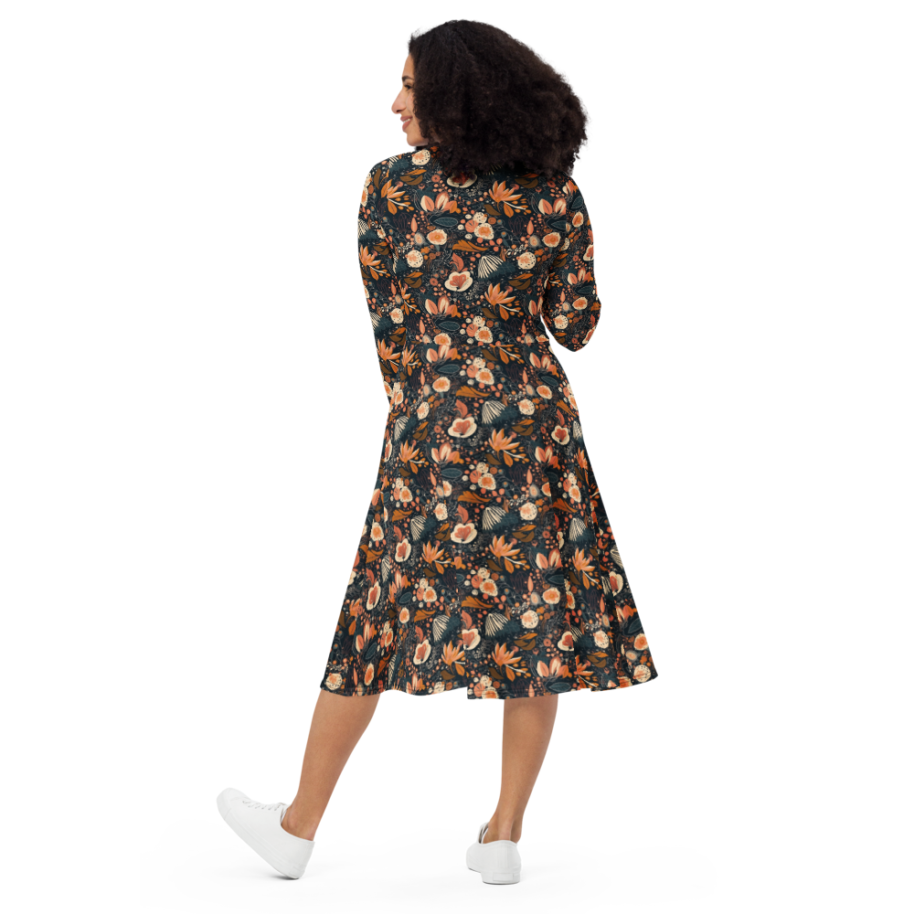 Abstract Floral long sleeve midi dress